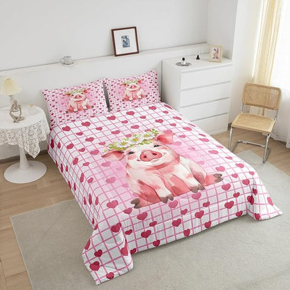 Cute Pig Bedding Set Full, Cherry Blossoms Comforter Set For Girls Kids, Cartoon Pet Animal Duvet Set, Pink Grid Heart Pattern Lattice Quilted Duvet, Farmhouse Bedding Comforters, All Season