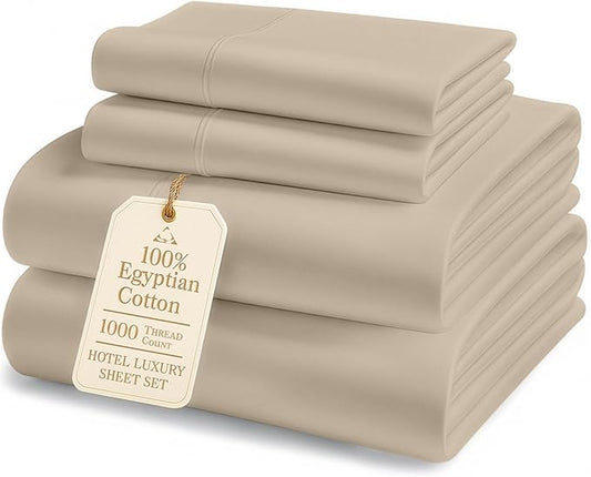 100% Egyptian Cotton Sheet Set Queen Size – 1000 Thread Count Silky Sateen Weave Queen Sheet Set for Good Sleep Comfort, 15" Snug Fit Deep Pocket, Breathable, Hotel-Quality Luxury You Can Feel - Taupe