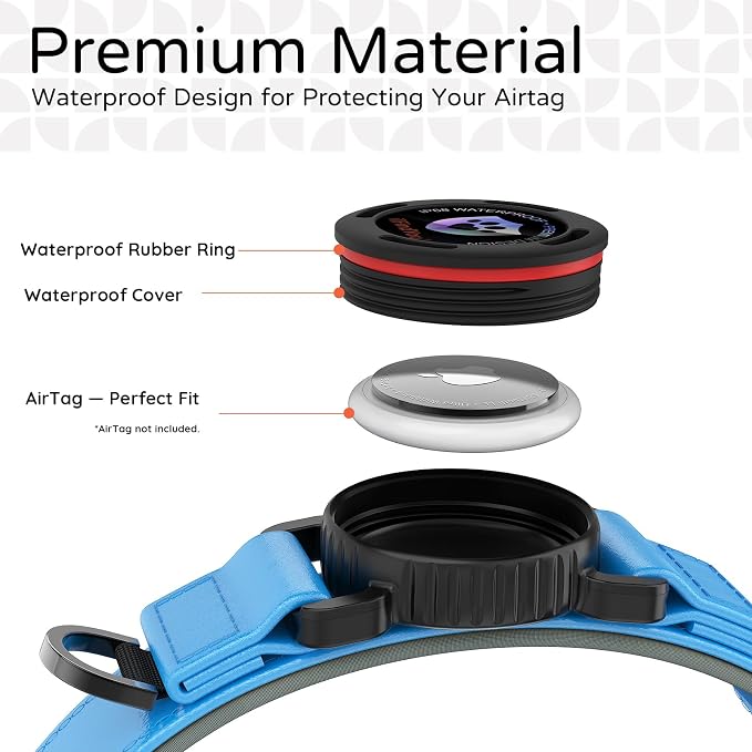 Airtag Dog Collar, Dog Collar with airtag Holder, IP68 Waterproof Leather Dog Collar with Metal Buckle & Lockable Airtag Holder, Heavy Duty Adjustable for Small Medium Large Dogs (Blue L)