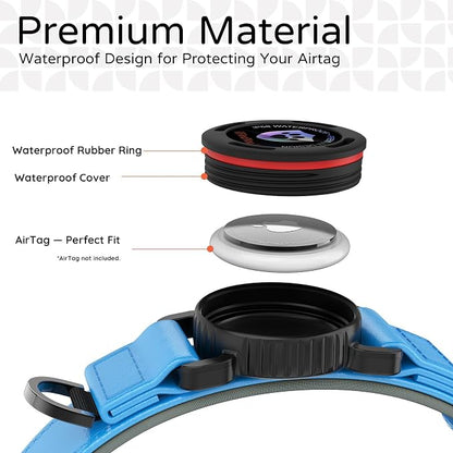 Airtag Dog Collar, Dog Collar with airtag Holder, IP68 Waterproof Leather Dog Collar with Metal Buckle & Lockable Airtag Holder, Heavy Duty Adjustable for Small Medium Large Dogs (Blue M)