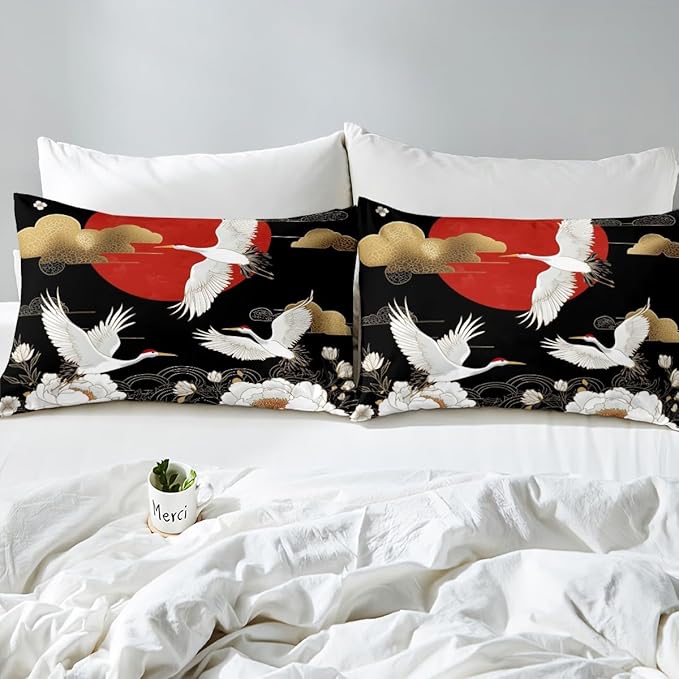 Feelyou Japanese Crane Bedding Set Toddle Size Black Gold Ukiyoe Theme Duvet Cover for Adult Kids Boys Girls Asian Anime Comforter Cover Set Wild Animal Bedspread Cover 2Pcs Zipper