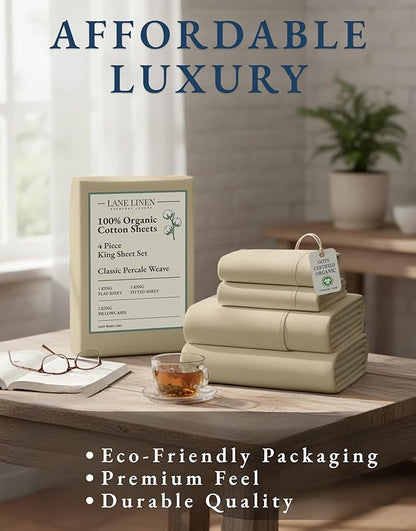 LANE LINEN 100% Organic Cotton Bed Sheets King Size, Fully Elasticized Reinforsed Seams in Fitted Pocket, Machine Washable Naturally Cooling All Season King Sheet Deep Pocket Bedding- Linen