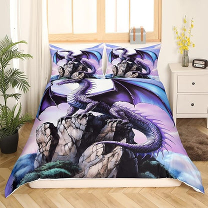 Feelyou Dragon Bedding Duvet Cover Set Toddler Size 3D Dragon Theme Bedding Set Decor Ancient Wildlife Dragon Deep Animal Magical World Scale Comforter Cover Set Purple Bedspread Cover,No Comforter