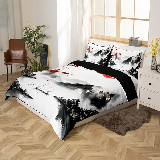 Feelyou Japanese Ukiyoe Theme Bedding Set Full Size Cherry Blossom Duvet Cover for Adult Kids Boys Girls Watercolor Comforter Cover Set Natural Landscape Bedspread Cover 3Pcs Zipper