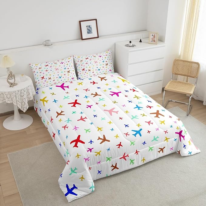 Castle Fairy Kids Aircraft Bedding Set for Boys Girls,Watercolor Transportation Vehicles All Season Cozy Comforter Set Full Size,Boys Airplanes Colorful Duvet Set Bedroom Décor,Gift for Kids
