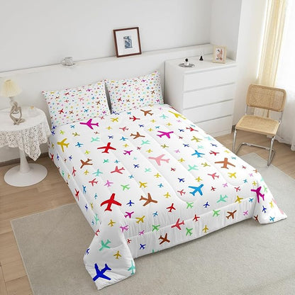 Castle Fairy Kids Aircraft Comforter Set King,Watercolor Transportation Vehicles Bedding Set for Boys Girls Teens Bedroom Decor,Boys Airplanes Colorful Quilt Set Super Soft Duvet Set,Gift for Her Him