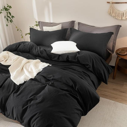 Black Duvet Cover Oversized King Size 100% Washed Cotton Bedding Set Cover 1 Duvet Cover with Zipper Closure and 2 Pillowcases, 120inch x 98inch