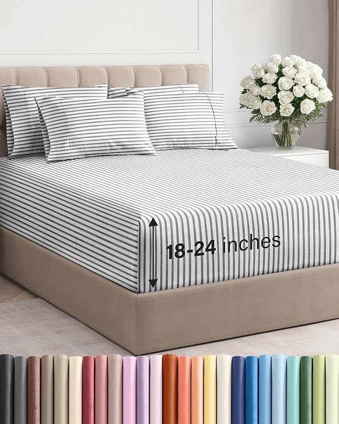 Extra Deep Queen Sheet Set - 6 Piece Breathable and Cooling Sheets - Hotel Luxury Bedding for Women, Men, Kids & Teens - Easy Secure Fit - Soft and Wrinkle Free with Extra Deep Pockets - Grey Stripes