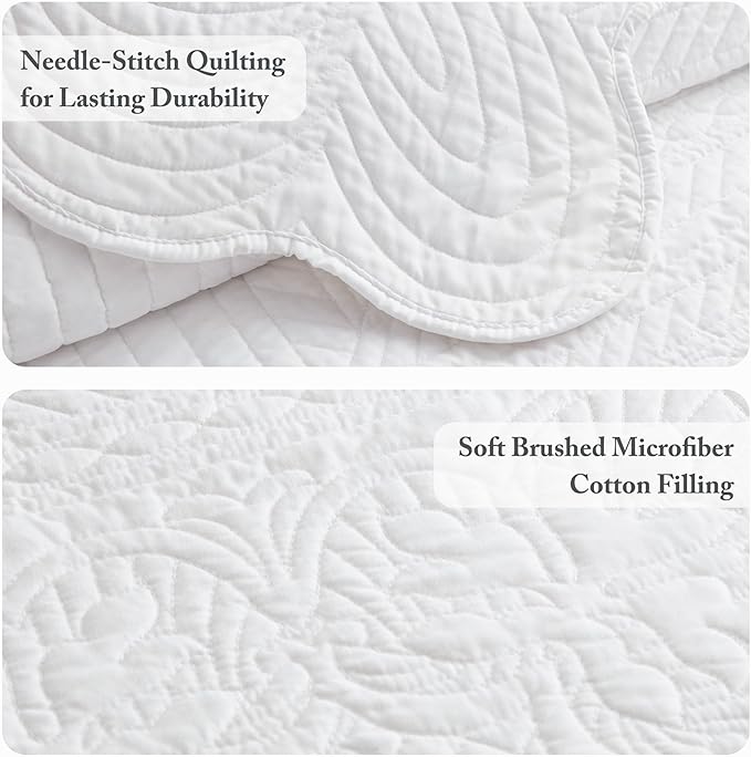 Madison Park King Quilt Set Damask Coverlet Set for King Size Bed, Cottage Oversized Quilt Set, Scallop Edge, All Season, Pre-washed Cotton-Filled King Size Quilt, Tuscany, King/Cal King White 3 Piece