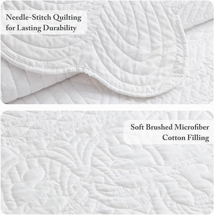 Madison Park Queen Quilt Set Damask Coverlet Set for Queen Size Bed, Cottage Oversized Quilt Set, Scallop Edge, All Season, Pre-washed Cotton-Filled Queen Size Quilt, Tuscany, Full/Queen White 3 Piece