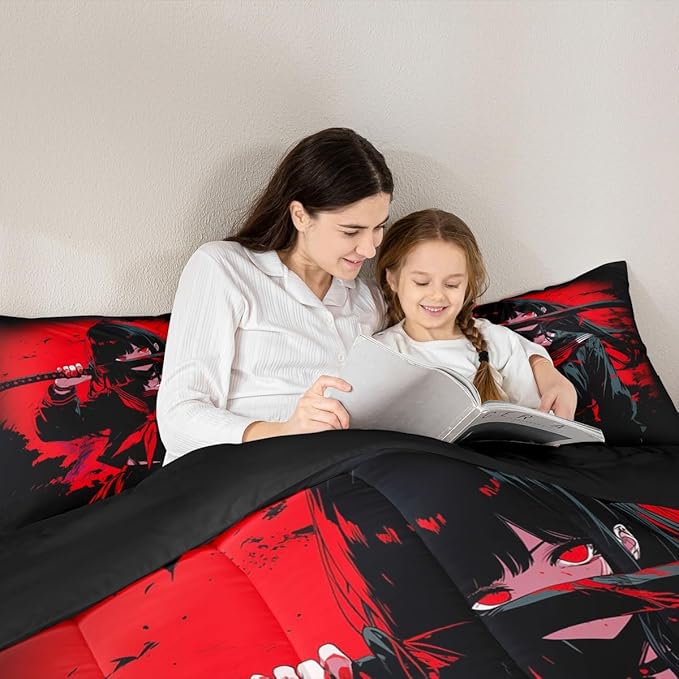 Erosebridal Japanese Anime Bedding Set for Kids, Anime Girl Comforter Set Full Size Japanese Girl Duvet Insert for Girls Teens Adult Room, Kawaii Animation Red Black Quilt, Machine Washable