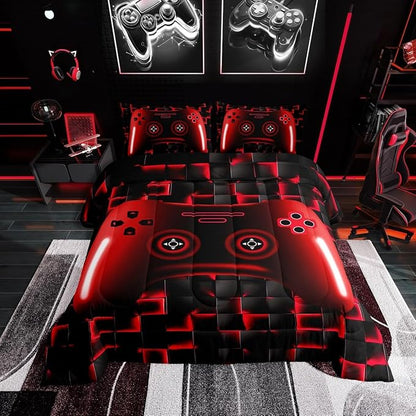 Erosebridal Full Gaming Bedding Sets for Boys Red Game Console Kids 3D Black Gamer Comforter Set with 2 Pillowcases for Boys Girls Teen Lightweight Geometric Gamepad Bedroom Set(Red, Full)