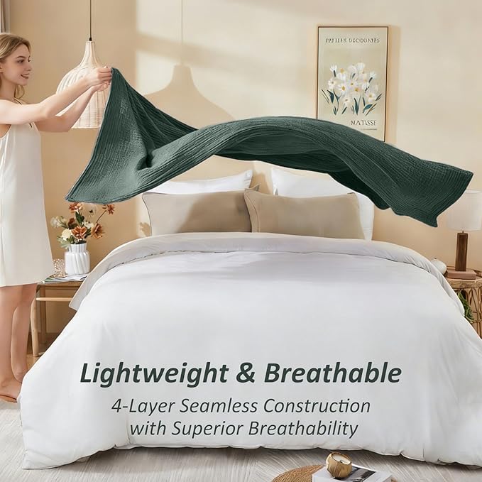 EMME Cotton Muslin Twin XL Blanket Breathable Gauze Soft Lightweight Blankets Adults Gifts for Women (Heather Forest Green, 66"x90")