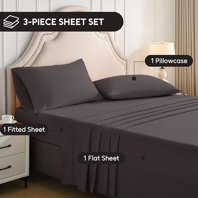 Twin Sheets Set, 3 Pieces Hotel Luxury Soft Microfiber Bed Sheets Set, Up to 16" Deep Pockets, Oeko-Tex Sheets with Elastic, Breathable, Wrinkle Free (Dark Gull Gray,Twin)