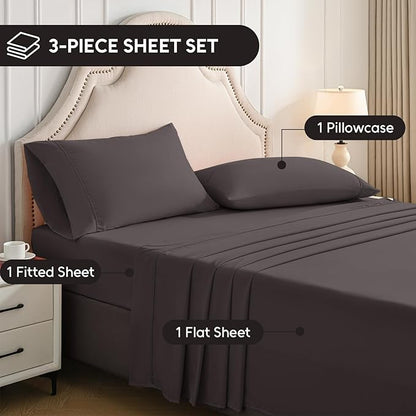Twin Sheets Set, 3 Pieces Hotel Luxury Soft Microfiber Bed Sheets Set, Up to 16" Deep Pockets, Oeko-Tex Sheets with Elastic, Breathable, Wrinkle Free (Dark Gull Gray,Twin)