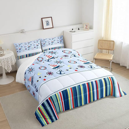Nautical Anchor Queen Size Comforter Set,Ocean Fish Seagull Blue Down Alternative Comforter Adults Bedroom Decor,Outdoor Adventure Red Blue Stripes Ultra Soft Microfiber Inner Fill 3Pcs Bedding