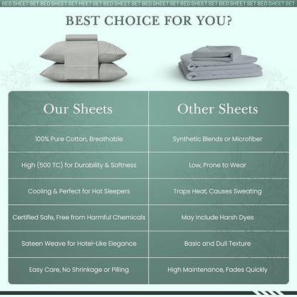 Feather & Stitch 500 TC Queen Size Damask Bed Sheet Set, 100% Cotton Soft Breathable Bedsheets, 4 Piece 18" Deep Pockets Sateen Weave Striped Bedding Mattress Resort Hotel Luxury - (Blue Blush Stripe)