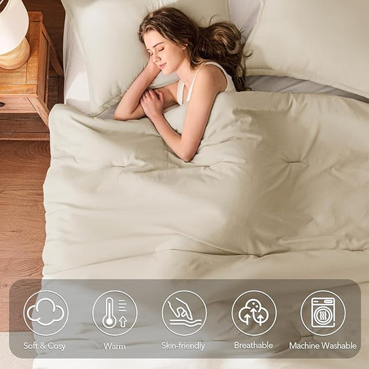 Oversized King Comforter Set Cream,3PCS Soft Lightweight Breathable Bedding Comforter for All Season, Oversized King Size(120''×98'' Comforter & 2 Pillowcases)