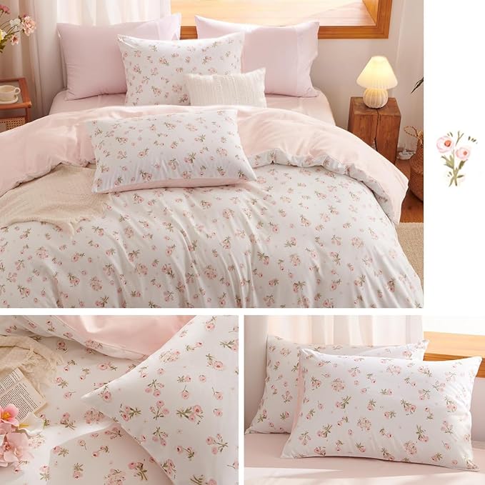Floral Comforter Set Full Size - 3 Pieces Pink White Floral Comforter Bedding Sets Reversible Pattern,Full Bed in a Bag with Flowers Comforter and 2 Pillowcases