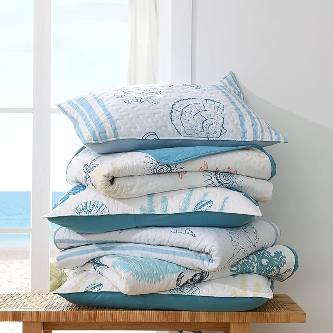 HORIMOTE HOME Coastal Quilt Bedding Set King Size, Striped Blue Summer Beach Quilt Lightweight Ocean Nautical Comforter Tropical Bedspread Coverlet with 2 Pillow Shams for All Seasons (106"x96")