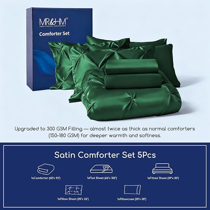 MR&HM Satin Comforter Twin XL 5 Pieces - Luxurious Pinch Pleat Bedding Set with Comforter, Flat Sheet, Fitted Sheet, Pillowcase & Sham, Super Silky Soft Bed Set for All Season (Twin XL, Dark Green)