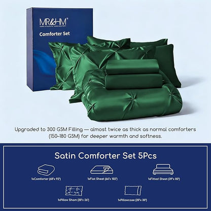 MR&HM Satin Comforter Twin XL 5 Pieces - Luxurious Pinch Pleat Bedding Set with Comforter, Flat Sheet, Fitted Sheet, Pillowcase & Sham, Super Silky Soft Bed Set for All Season (Twin XL, Dark Green)