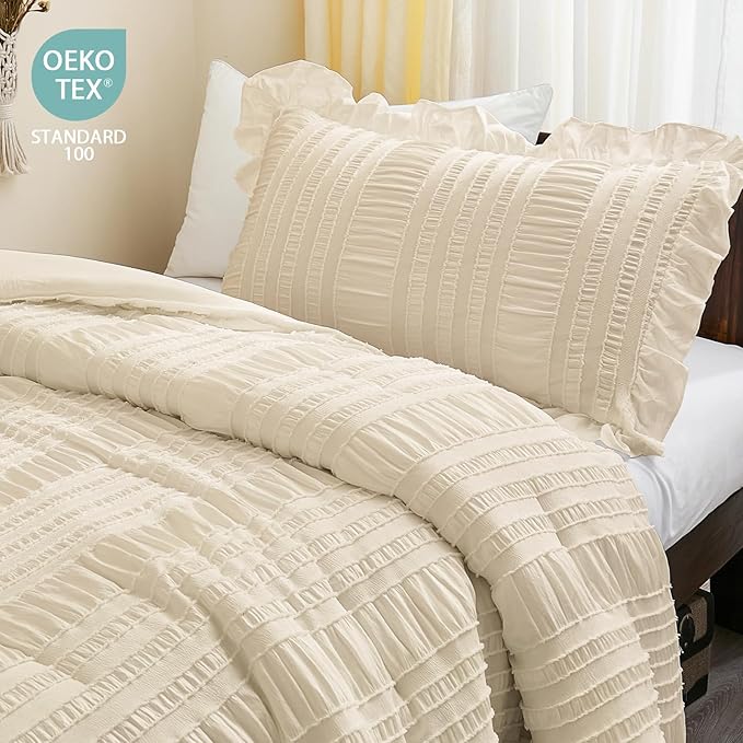 WONGS BEDDING Beige Comforter Set Full, 3 Pieces Ruffle Shabby Chic Comforter for Dorm Room Essentials for Full Bed, Soft Seersucker Bedding Set with 1 Comforter, 2 Tufted Pillowcases 90"×78"
