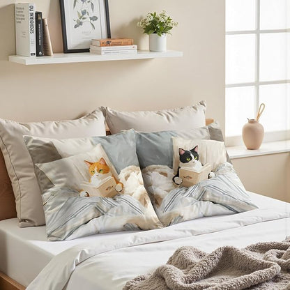 Funny Cat Reader Book Throw Pillow Cover 18 x 18 Set of 2, Gifts for Book Lovers, Reading Nook Corner Decor, Preppy Floral Black Orange Tabby Tuxedo Cats Bookish Pillowcase（02）