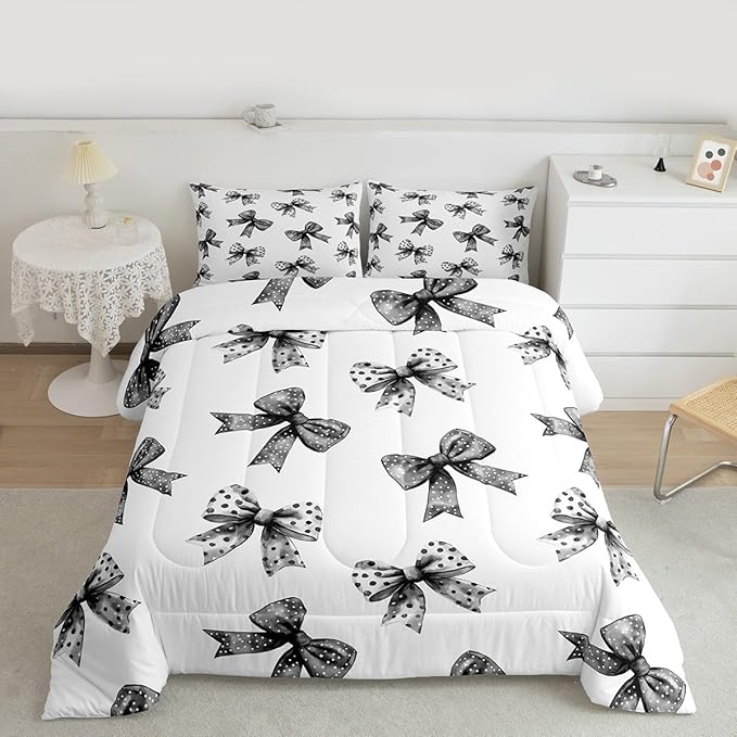 Erosebridal Bow Kids Comforter Set | Ribbon Black Bow Bedding Twin Size Coquette Bowknot with Dots Down Comforter Dreamy Princess Bowtie Duvet Set for Bedroom
