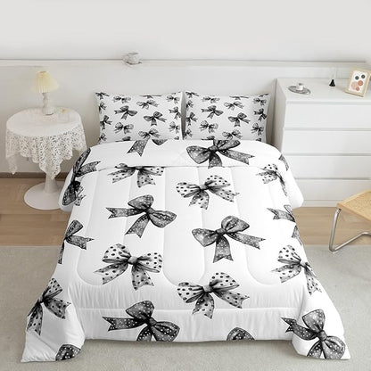 Erosebridal Bow Kids Comforter Set | Ribbon Black Bow Bedding Full Size Coquette Bowknot with Dots Down Comforter Dreamy Princess Bowtie Duvet Set for Bedroom