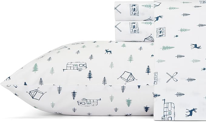 Eddie Bauer - Queen Sheets, Cotton Percale Bedding Set, Crisp & Cool Home Decor (Campout Dark Blue, Queen)