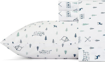 Eddie Bauer - Queen Sheets, Cotton Percale Bedding Set, Crisp & Cool Home Decor (Campout Dark Blue, Queen)