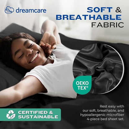 DREAMCARE Full Size Sheets – 4 pcs Cooling Sheets – up to 21” Deep Full Sheet Set – Hotel Luxury Sheets & Pillowcases – Superior Softness 100% Fine Microfiber with Side Pocket – Black