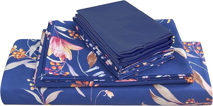 JSD Navy Blue Floral Printed King Sheet Set, 6 Piece Botanical Pattern Microfiber Sheets Extra Deep Pocket
