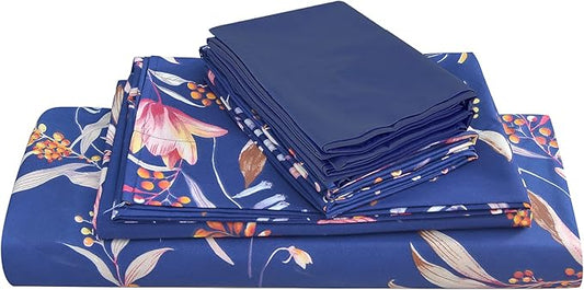 JSD Navy Blue Floral Printed King Sheet Set, 6 Piece Botanical Pattern Microfiber Sheets Extra Deep Pocket