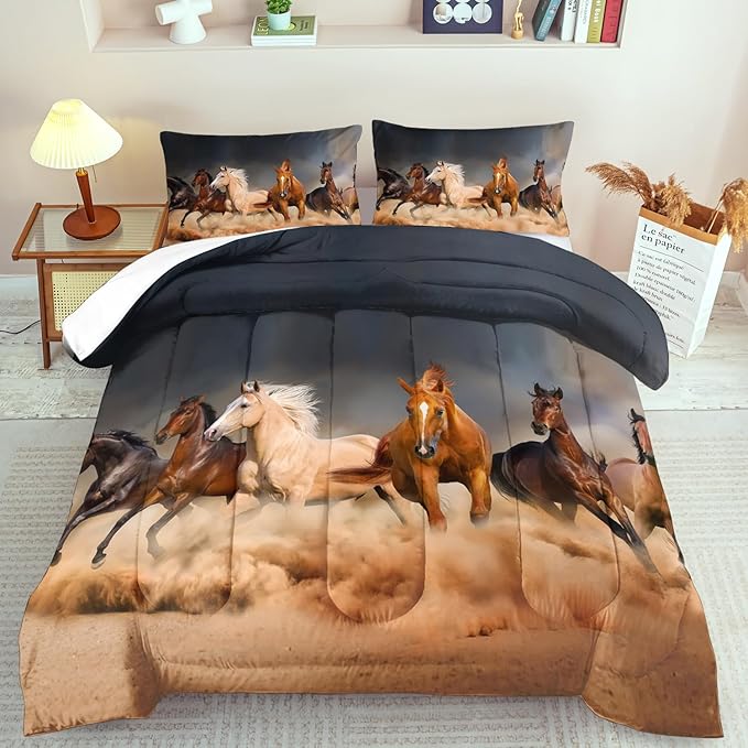 Western Horse Comforter Set Queen for Boys,Brown Western Cowboy Bedding Sets Queen Size, Farm Style Animal Horse Quilt for Boys, Southwestern Farmhouse Home Cowgirl Comforter Bedroom Decor