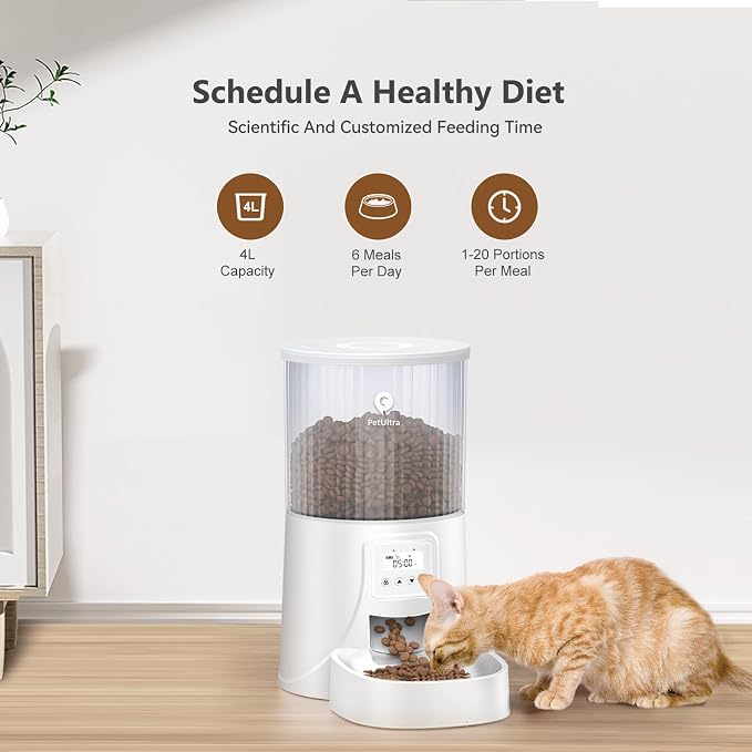 PETULTRA Automatic Cat Feeder: 4L Timed Cats Food Dispenser Programmable | Easy to Set, Dual Power, Precise Portion, Auto Pet Feeder with Desiccant Bag, Detachable Washable for Cats and Small Dog