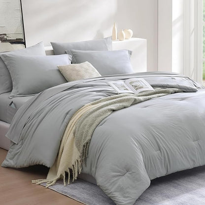 WRENSONGE Twin Comforter Set- 5 Pieces Light Grey Bed in a Bag, All Season Twin XL Bedding Sets with 1 Fitted Sheet, 1 Flat Sheet, 1 Pillow Sham and 1 Pillowcase