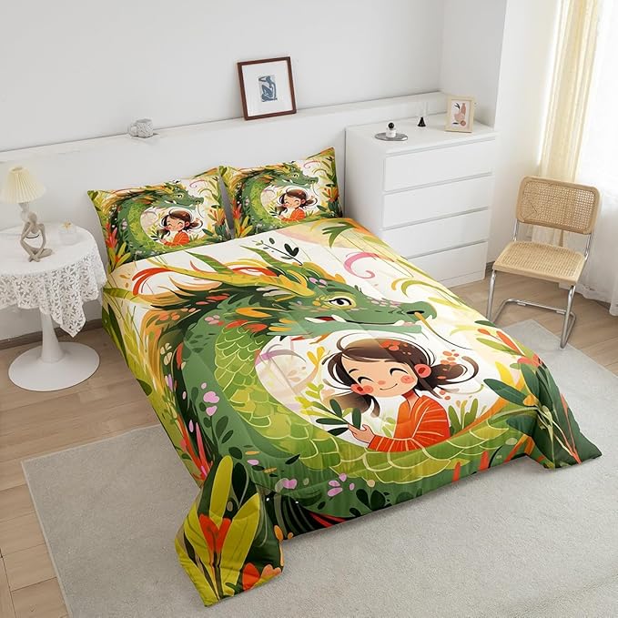 Dragon Bedding Set,Nature Botanical Floral Leaves Comforetr Set Queen Size Kids Boys Girls,Green Pink Western Magical Quilt Set Room Decor Wild Animals Cartonn Cute Style Duvet Insert,2 Pillowcases