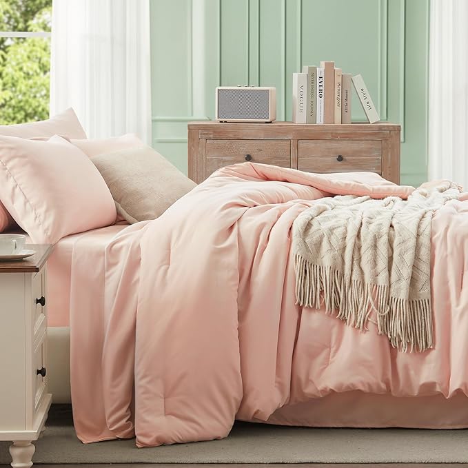 Anluoer Pink Twin Comforter Set 5 Pieces, Bed in a Bag with Sheets, All Season Bedding Sets with 1 Comforter, 1 Pillow Sham, 1 Pillowcase, 1 Flat Sheet, 1 Fitted Sheet