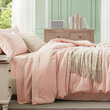 Anluoer Pink Full Comforter Set 7 Pieces, Bed in a Bag with Sheets, All Season Bedding Sets with 1 Comforter, 2 Pillow Shams, 2 Pillowcases, 1 Flat Sheet, 1 Fitted Sheet