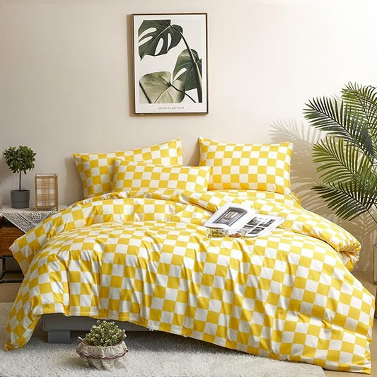 Houseri Plaid Comforter Set - Full Size Yellow Grid Bedding - Teen Girls Preppy Dorm Bedding