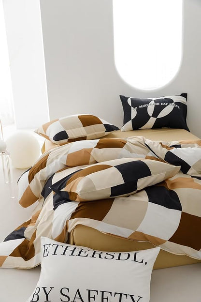 Houser Beige Cream White Black Brown Mosaic Plaid Comforter Sets Queen Modern Multicolor Beige and Brown Grid Bed Quilts Warm Comfy Soft Men Women Boys Girls Distorted Checker Breathable Bedding Queen