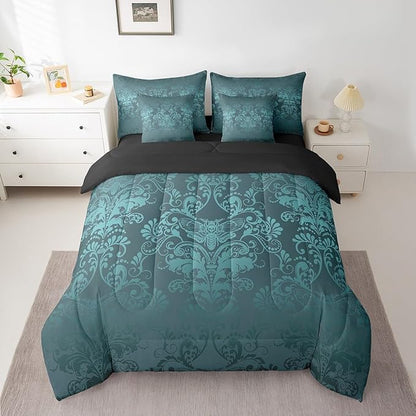 Erosebridal Gothic Damask Bed in a Bag King Size Comforter Set 7 Pieces,Exotic Moth Bedding Sets Turquoise Victorian Floral Goth Sheet Set with Comforter