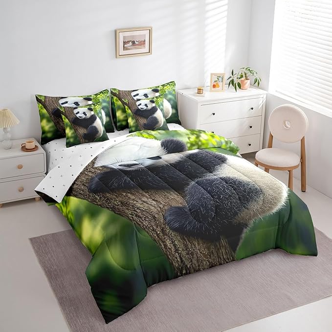 Feelyou Cute Panda Comforter Set 7 Pieces King Size Kawaii Bear Bedding Set for Boys Girls Nature Bed in a Bag with Comforter, Sheets, Pillowcases & Cushion Covers