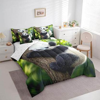 Feelyou Cute Panda Comforter Set 7 Pieces King Size Kawaii Bear Bedding Set for Boys Girls Nature Bed in a Bag with Comforter, Sheets, Pillowcases & Cushion Covers