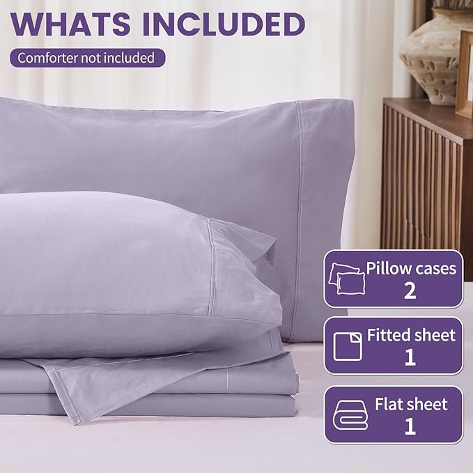 100% Linen Sheets Queen Size,Breathable & Durable 4-Piece Bed Flax Sheet Set,Soft All-Season Bedding for Hot Sleepers 16" Deep Pocket Oeko-TEX Certified,（Queen, Light Purple）