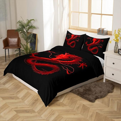 Feelyou Dragon Monster Bedding Set Twin Size Red Dragon Duvet Cover for Adult Kids Boys Girls Classical Monster Comforter Cover Set Black Red Cool Bedspread Cover 2Pcs Zipper