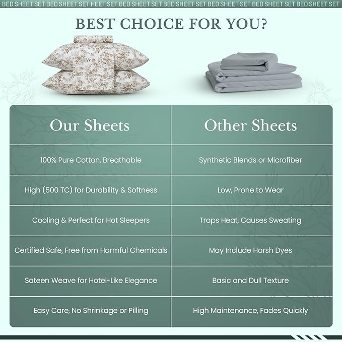 Feather & Stitch Printed 500 TC Twin Size 3pc Damask Bed Sheet Set, 100% Soft Cotton Breathable Bedsheets, 18" Deep Pockets Sateen Weave Striped Bedding Mattress Resort Hotel Luxury Decor Rose Floral