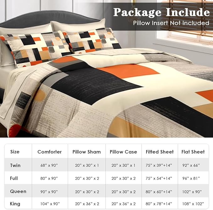 Comforter Set Twin Size, Geometric Painting Contemporary 5 Pcs Bedding for Kids and Adults, Orange Gray Bed Sheet Sets with Fitted Sheet Pillowcase & Sham for Bedroom Bed Decor